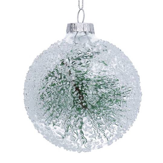 INDENT - Pack 12, Glass Ball Clear Bead, Fir Spray Inside 8cm